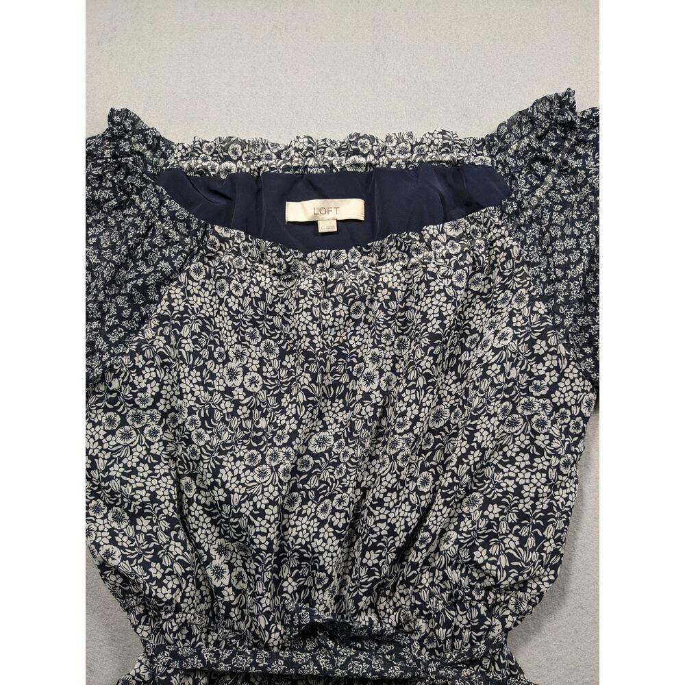 Loft Dress Women's Large Navy Blue White Floral Off the Shoulder Belted Chic EUC - Picture 3 of 10